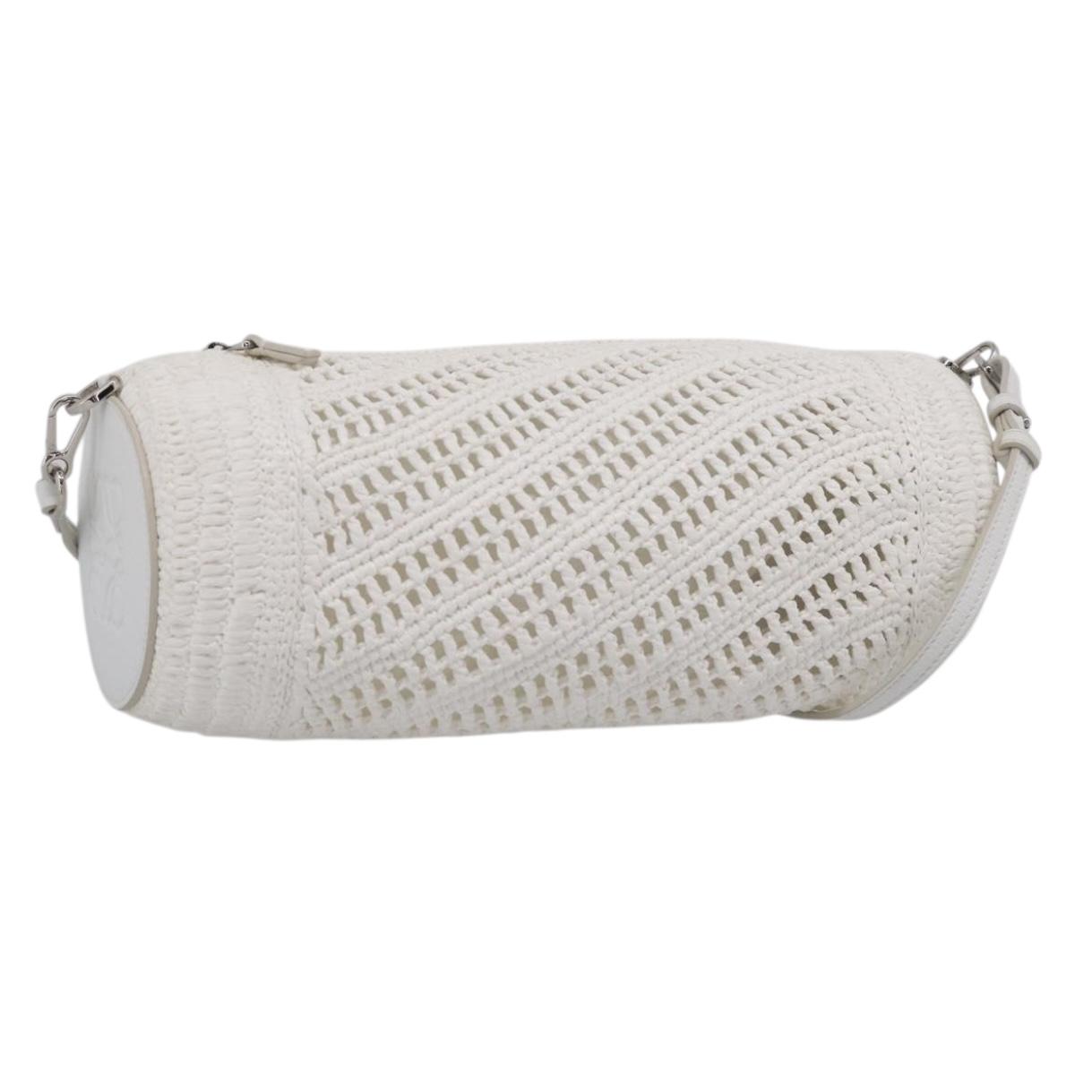 LOEWE Bracelet Pouch Shoulder Bag Raffia White Silver Auth 214285M
