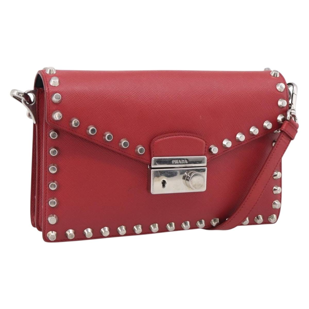 PRADA Shoulder Bag Safiano Leather Red Silver Auth 214296V