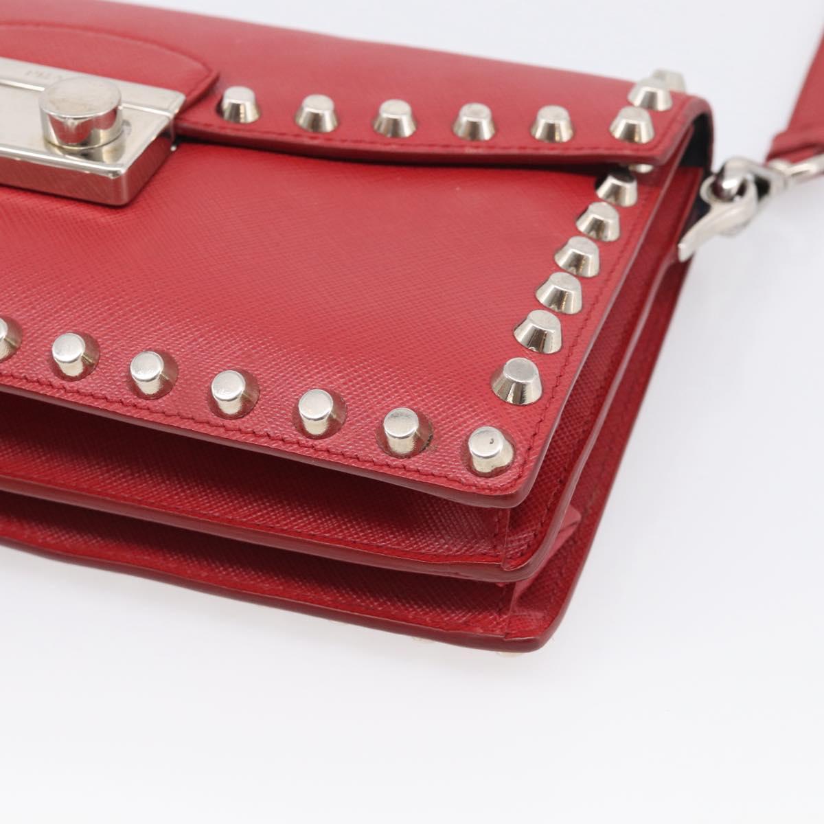 PRADA Shoulder Bag Safiano Leather Red Silver Auth 214296V