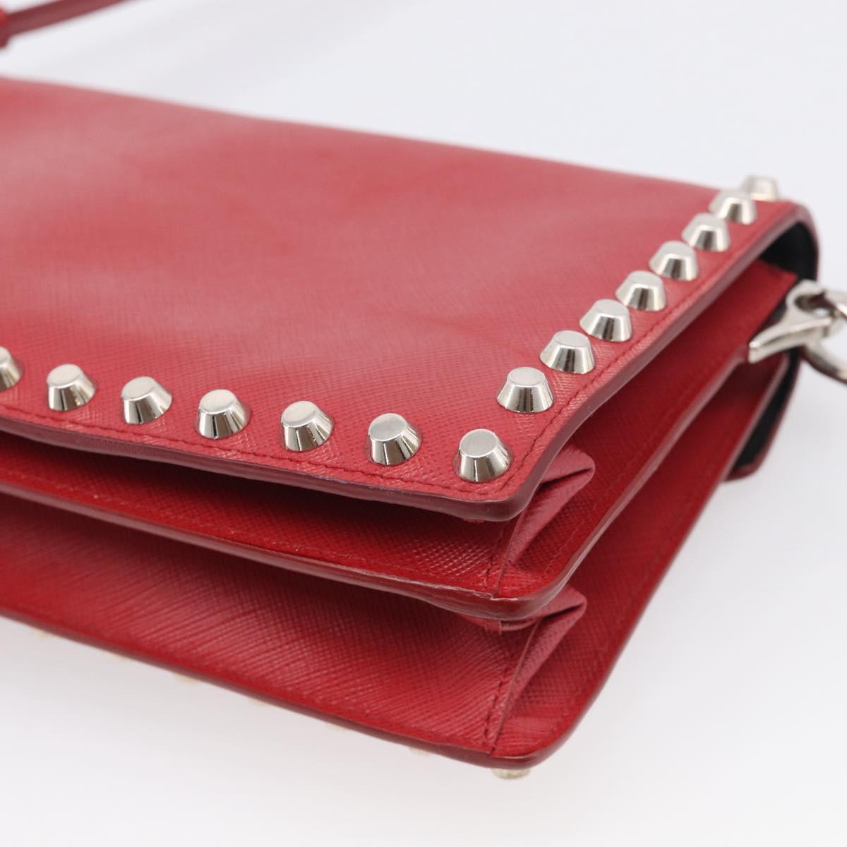 PRADA Shoulder Bag Safiano Leather Red Silver Auth 214296V