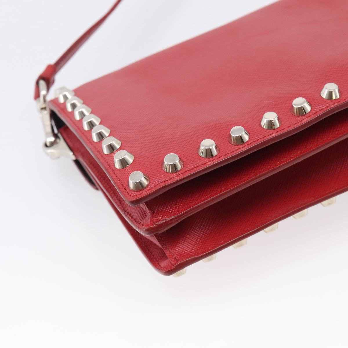 PRADA Shoulder Bag Safiano Leather Red Silver Auth 214296V