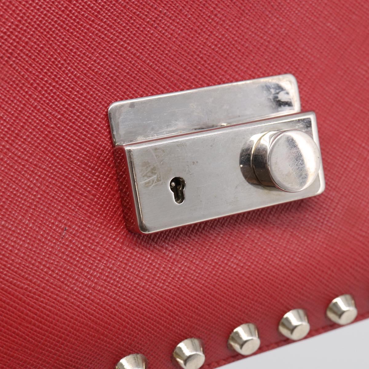 PRADA Shoulder Bag Safiano Leather Red Silver Auth 214296V