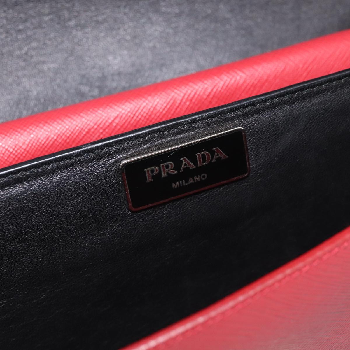 PRADA Shoulder Bag Safiano Leather Red Silver Auth 214296V