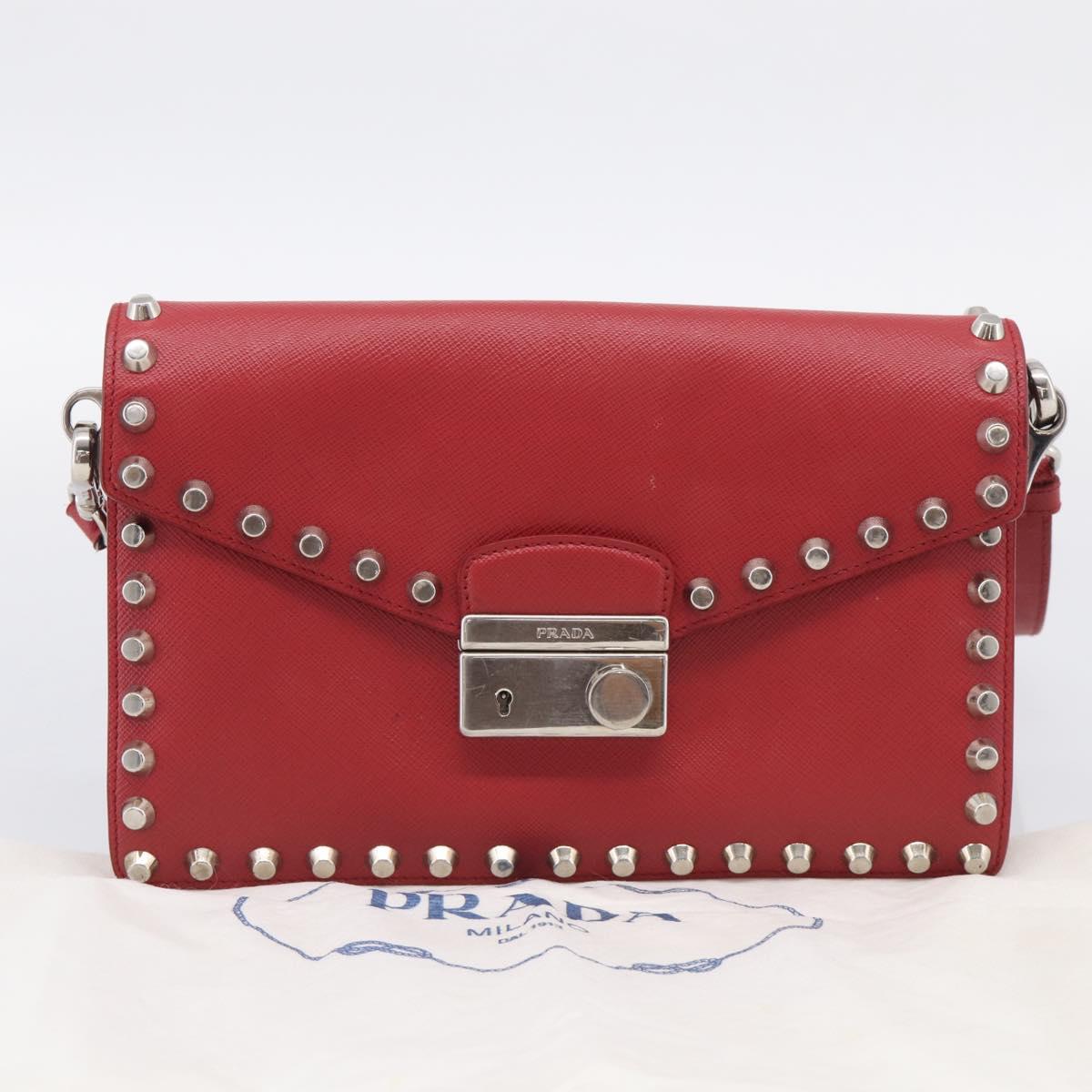 PRADA Shoulder Bag Safiano Leather Red Silver Auth 214296V