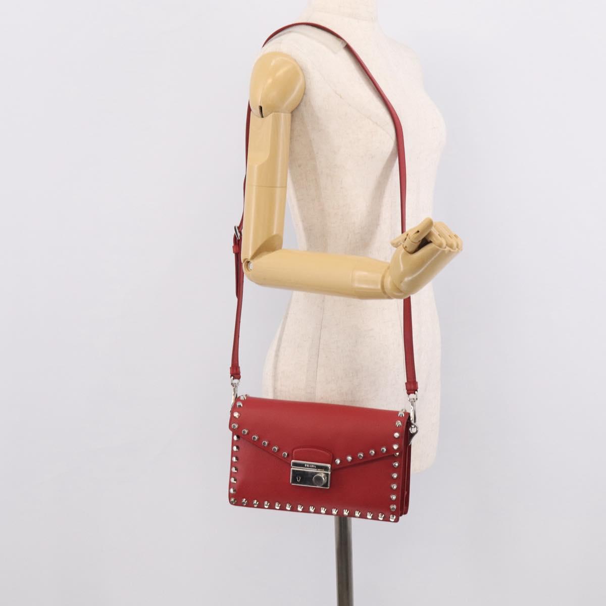 PRADA Shoulder Bag Safiano Leather Red Silver Auth 214296V