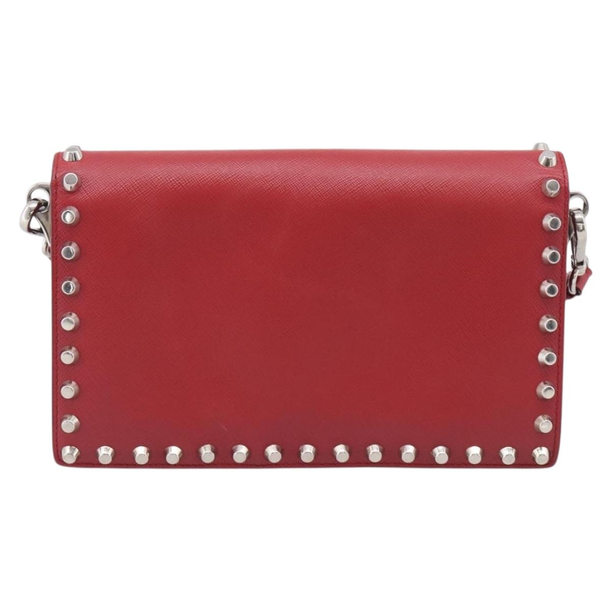 PRADA Shoulder Bag Safiano Leather Red Silver Auth 214296V