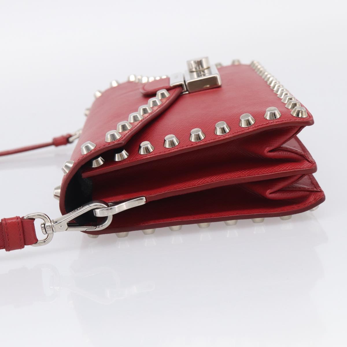 PRADA Shoulder Bag Safiano Leather Red Silver Auth 214296V