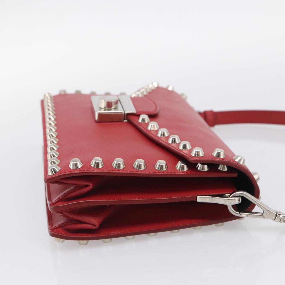 PRADA Shoulder Bag Safiano Leather Red Silver Auth 214296V