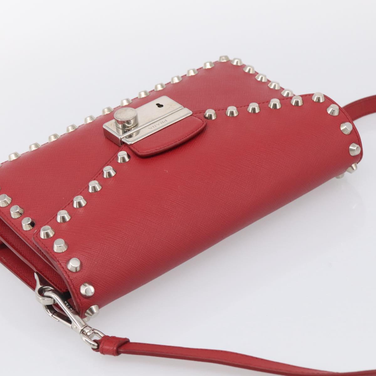 PRADA Shoulder Bag Safiano Leather Red Silver Auth 214296V