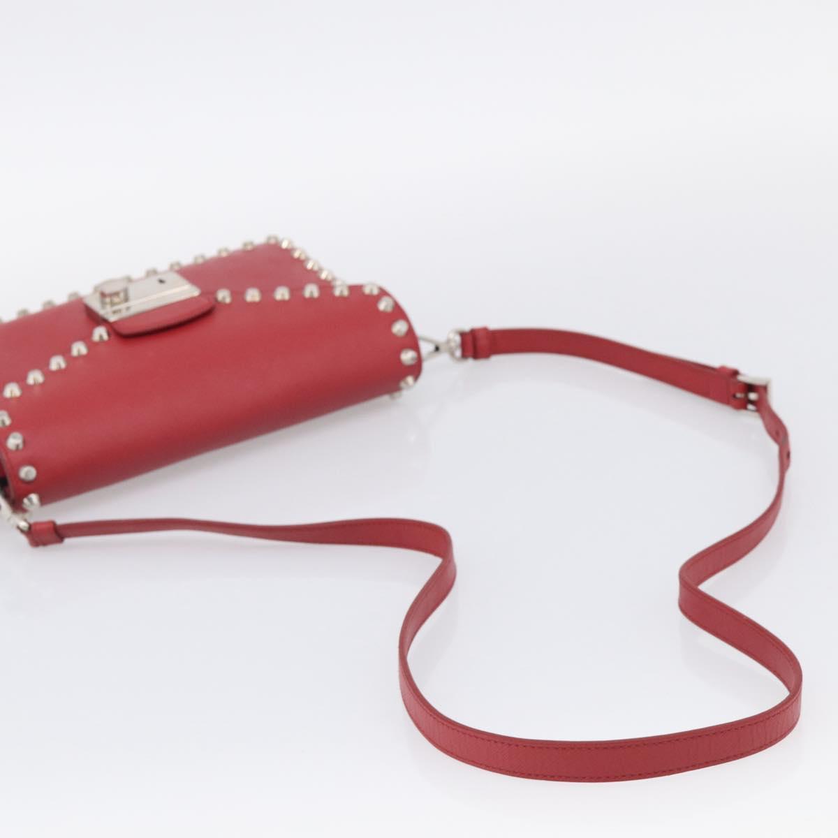 PRADA Shoulder Bag Safiano Leather Red Silver Auth 214296V