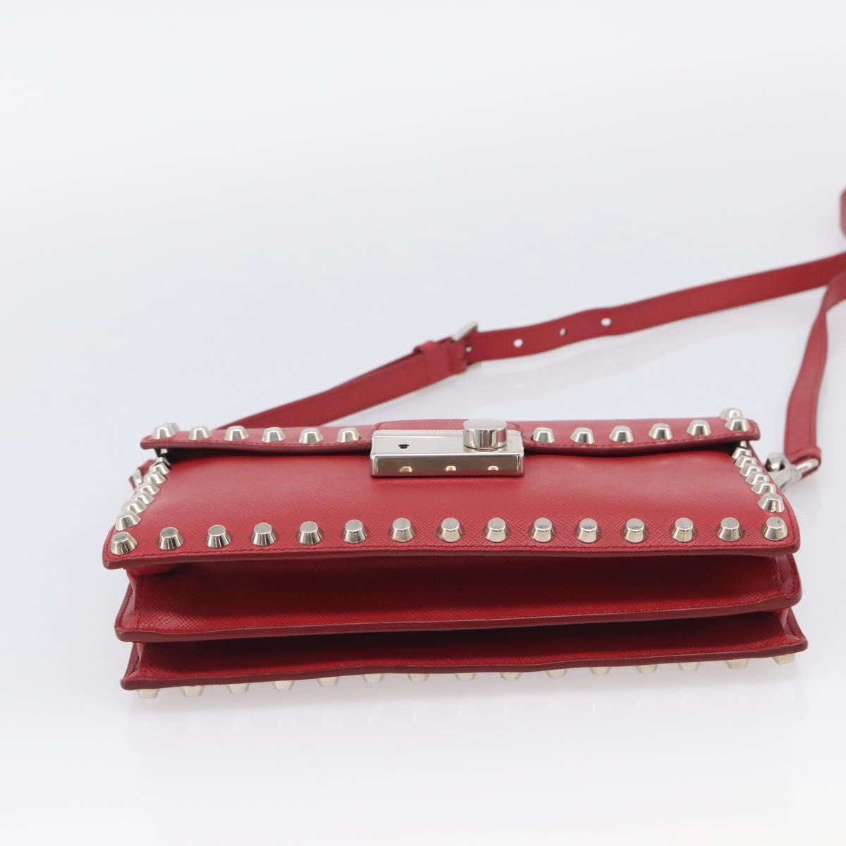 PRADA Shoulder Bag Safiano Leather Red Silver Auth 214296V