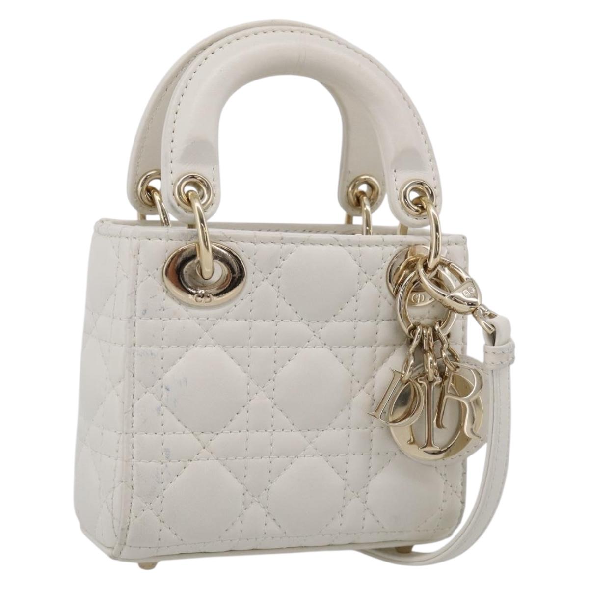 Christian Dior Lady Dior Canage Hand Bag Lamb Skin 2way White Gold Auth 214442M