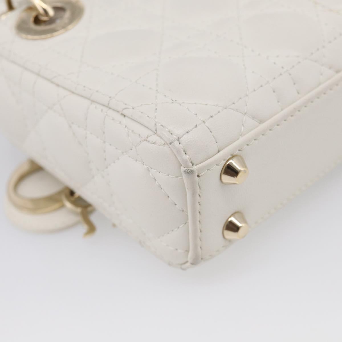 Christian Dior Lady Dior Canage Hand Bag Lamb Skin 2way White Gold Auth 214442M