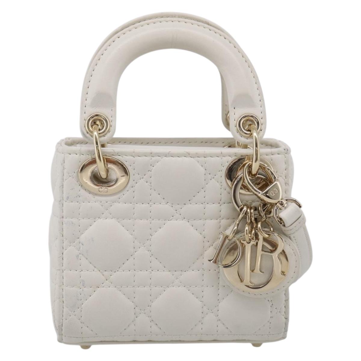 Christian Dior Lady Dior Canage Hand Bag Lamb Skin 2way White Gold Auth 214442M