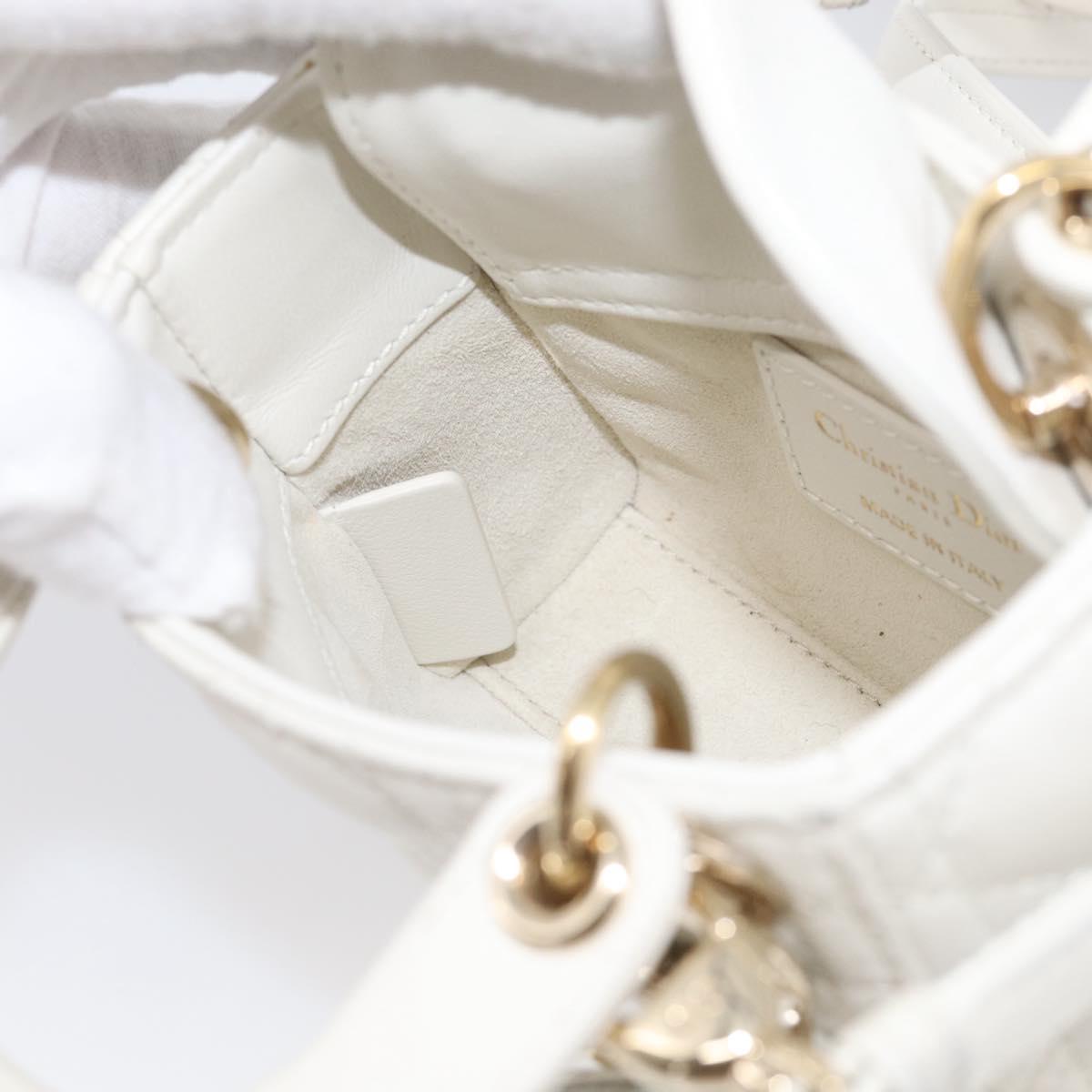 Christian Dior Lady Dior Canage Hand Bag Lamb Skin 2way White Gold Auth 214442M