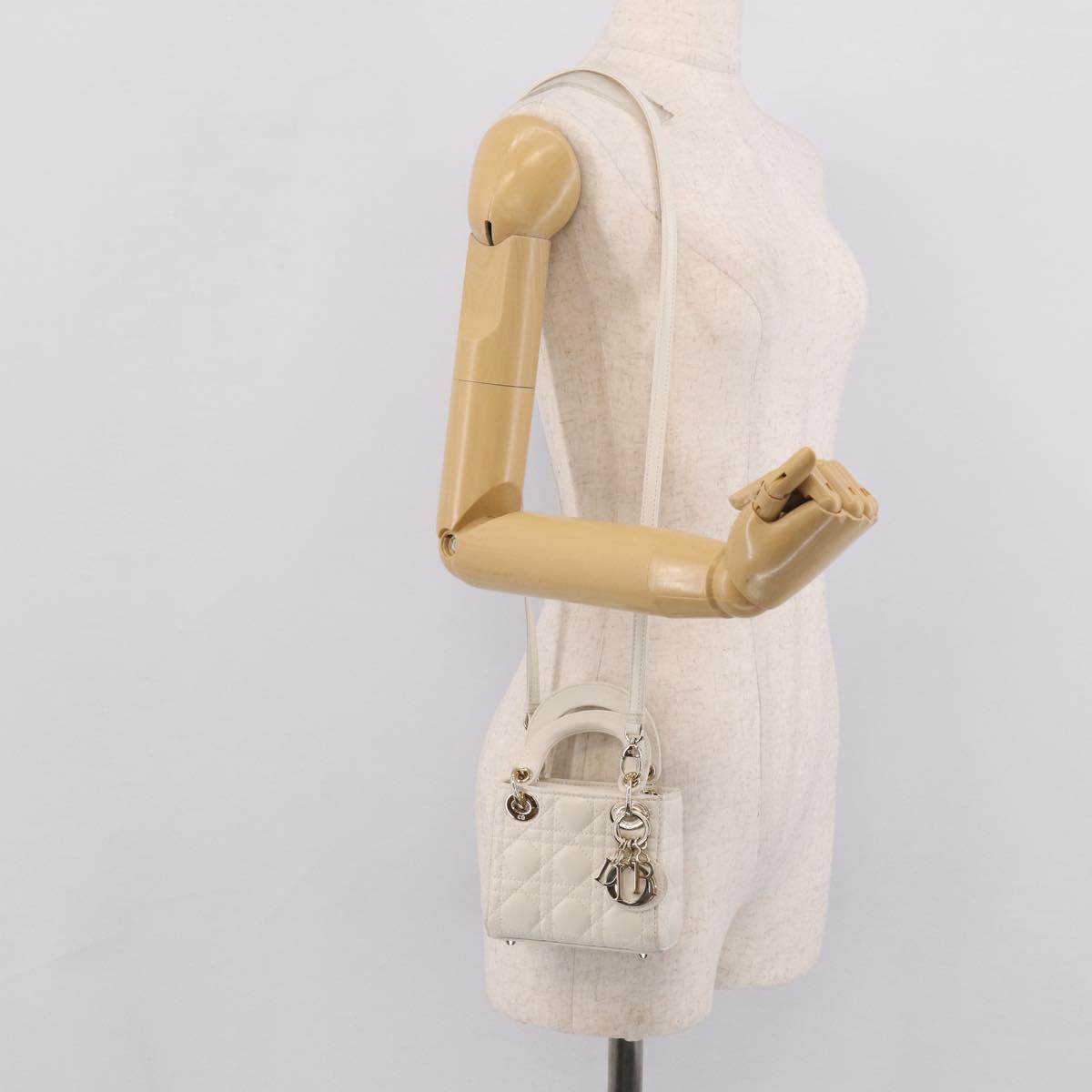 Christian Dior Lady Dior Canage Hand Bag Lamb Skin 2way White Gold Auth 214442M