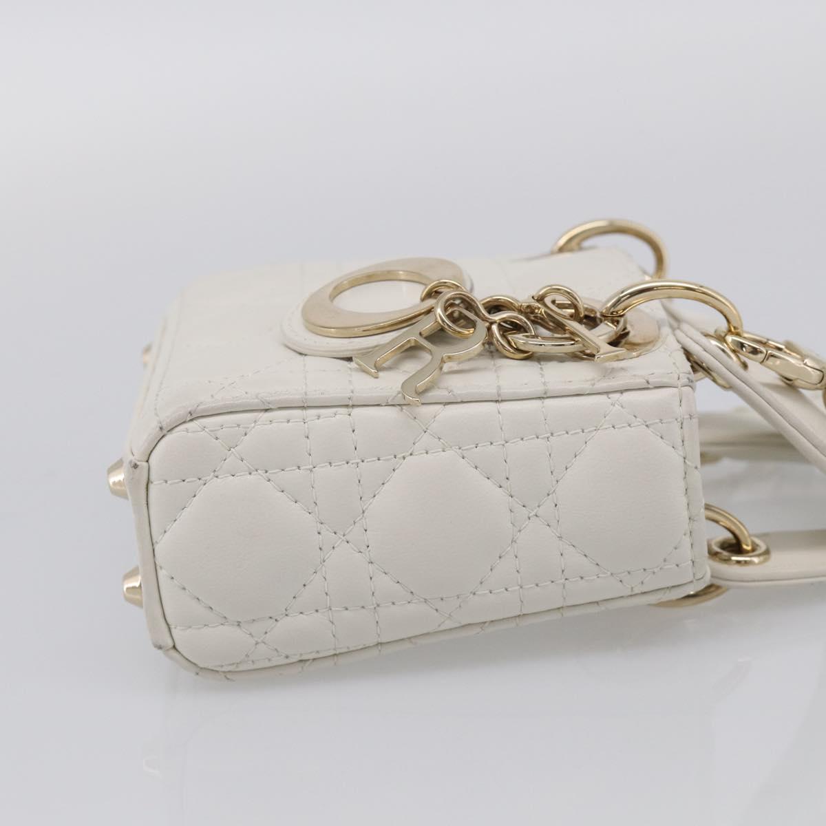 Christian Dior Lady Dior Canage Hand Bag Lamb Skin 2way White Gold Auth 214442M