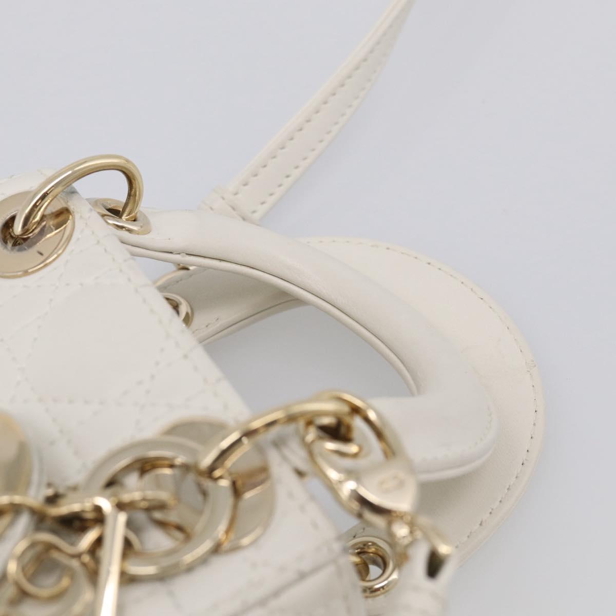 Christian Dior Lady Dior Canage Hand Bag Lamb Skin 2way White Gold Auth 214442M