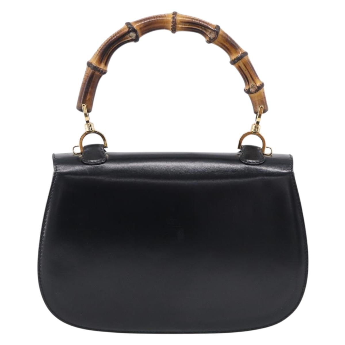 GUCCI Bamboo Hand Bag Leather Black Gold 000 2046 0633 Auth 214446V