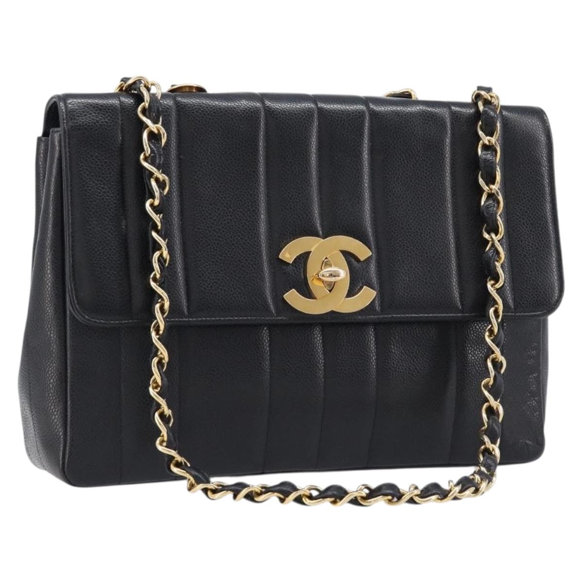 CHANEL Mademoiselle Chain Shoulder Bag Caviar Skin Black Gold CC Auth 214493SAM