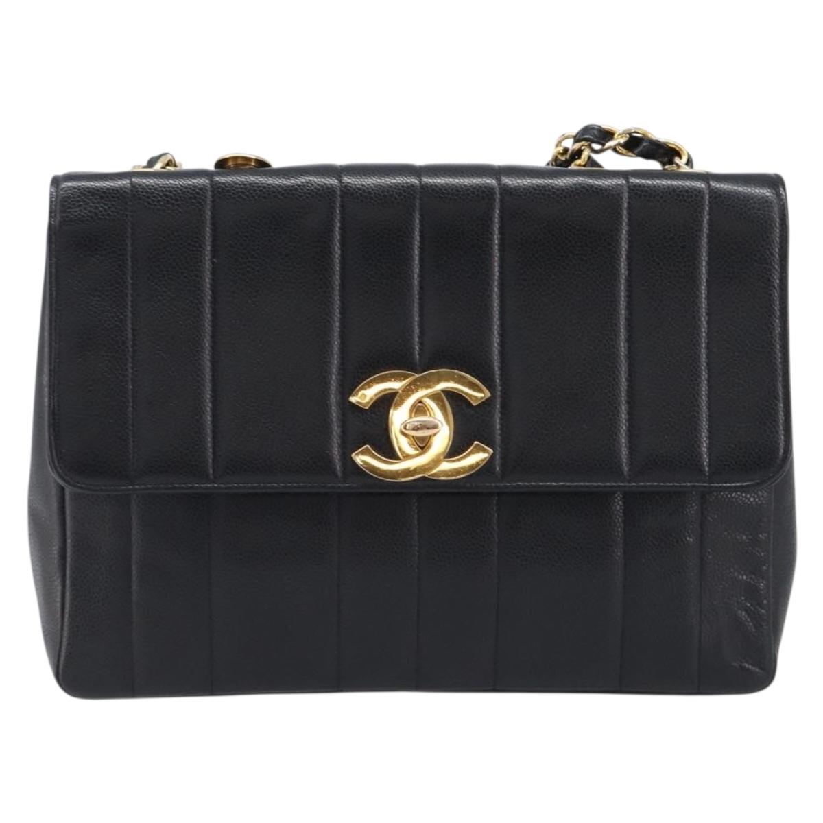 CHANEL Mademoiselle Chain Shoulder Bag Caviar Skin Black Gold CC Auth 214493SAM
