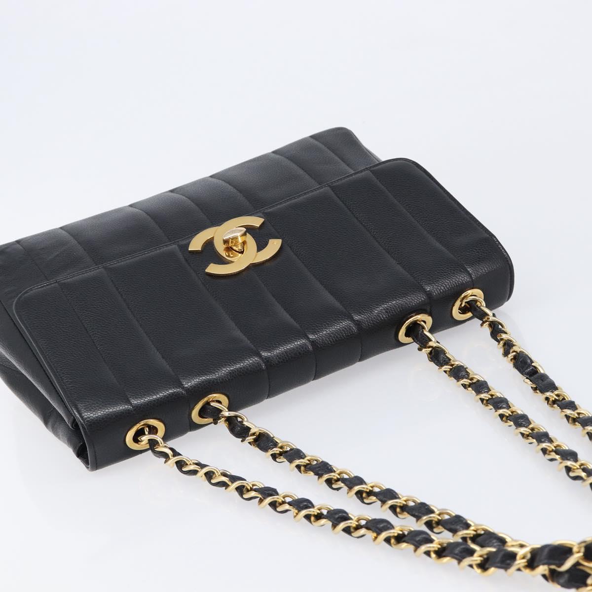 CHANEL Mademoiselle Chain Shoulder Bag Caviar Skin Black Gold CC Auth 214493SAM