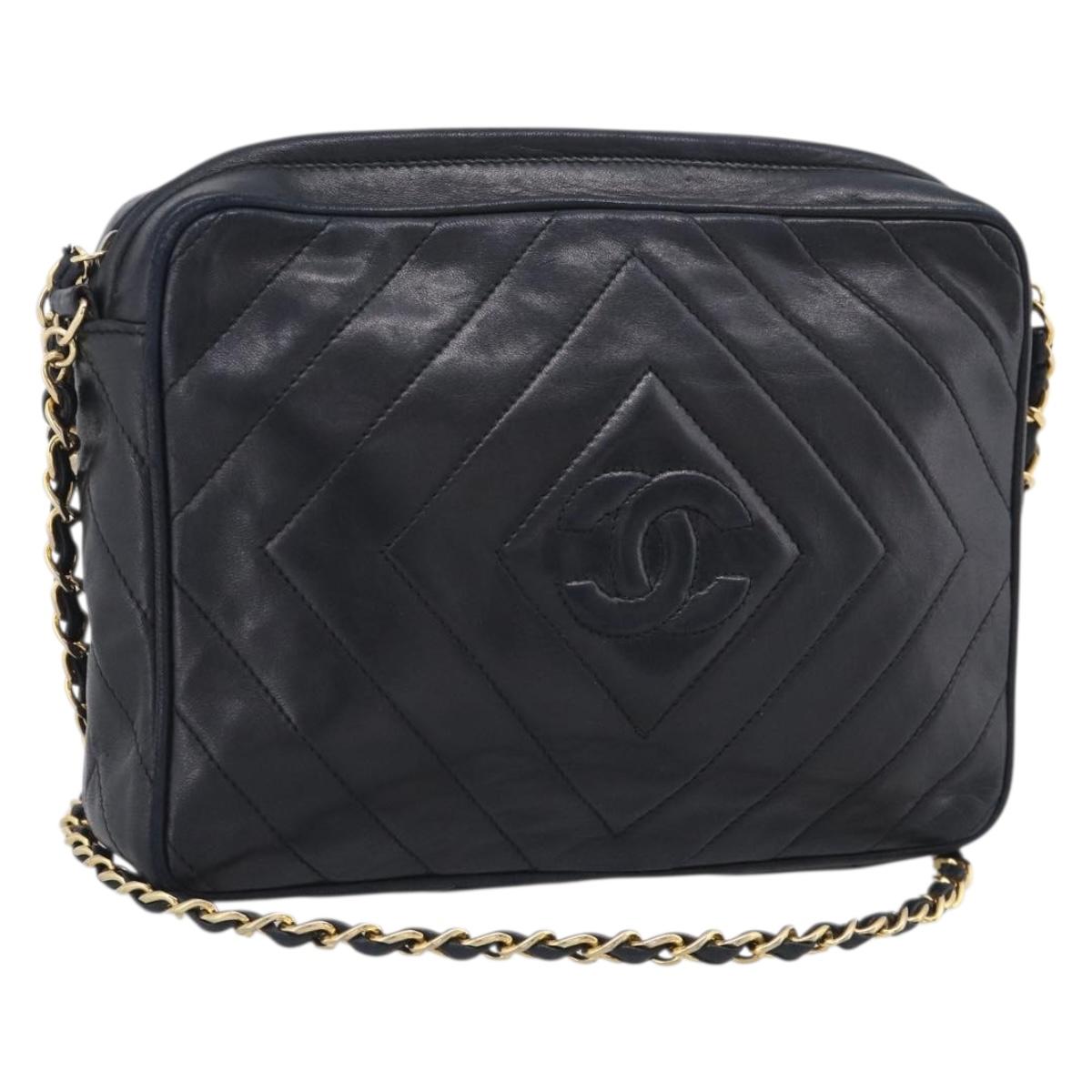 CHANEL Chain Shoulder Bag Lamb Skin Black Gold CC Auth 214657V