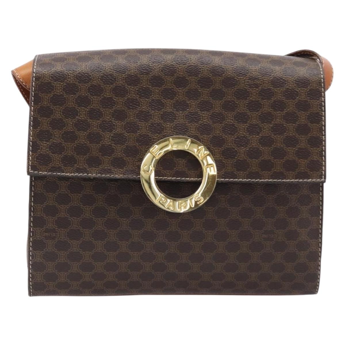 CELINE Macadam Canvas Circle Shoulder Bag PVC Leather Brown Gold Auth 214660A
