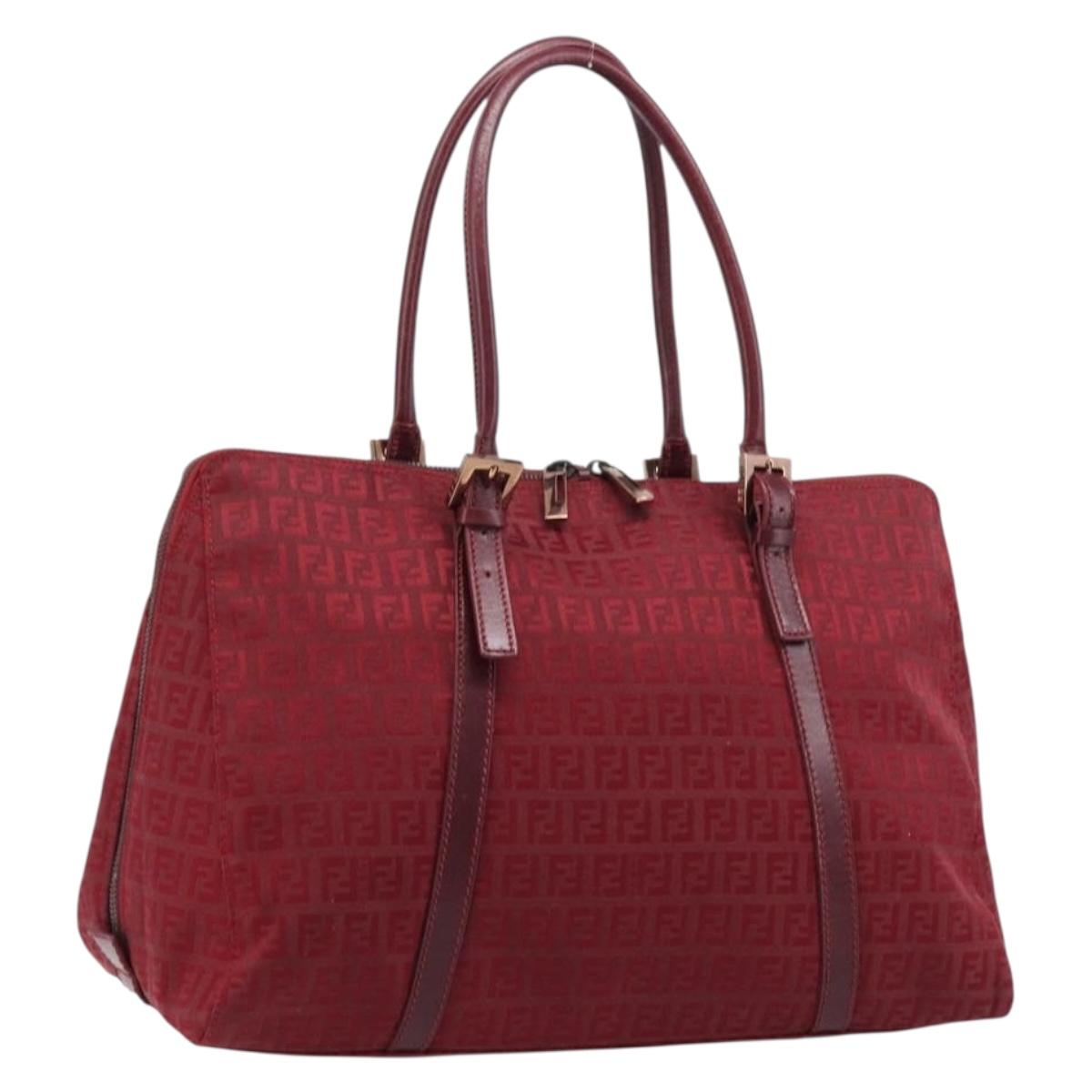 FENDI Zucchino Canvas Hand Bag Red Gold Auth 214677V
