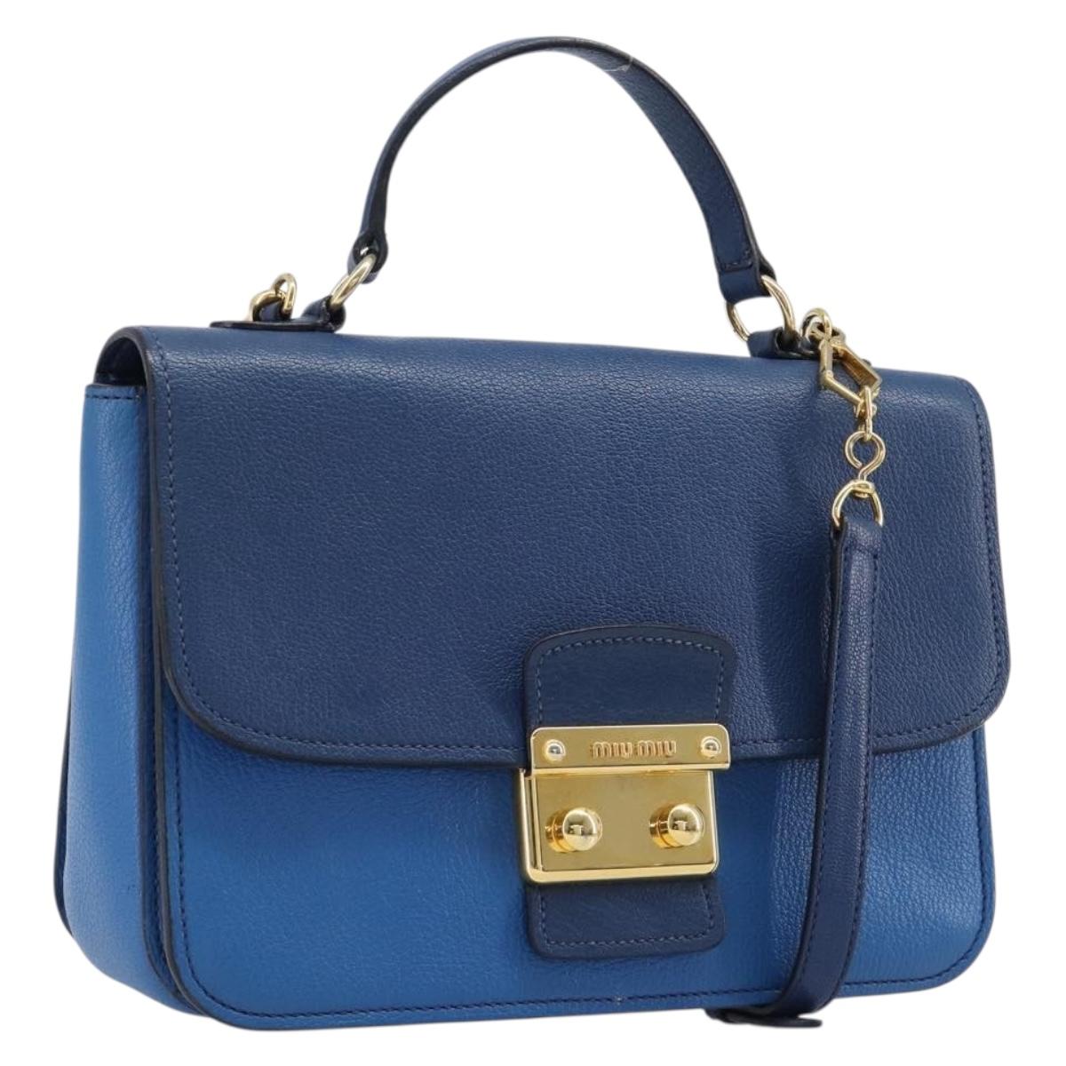 Miu Miu Madras Hand Bag Leather 2way Blue Gold Auth 214912A