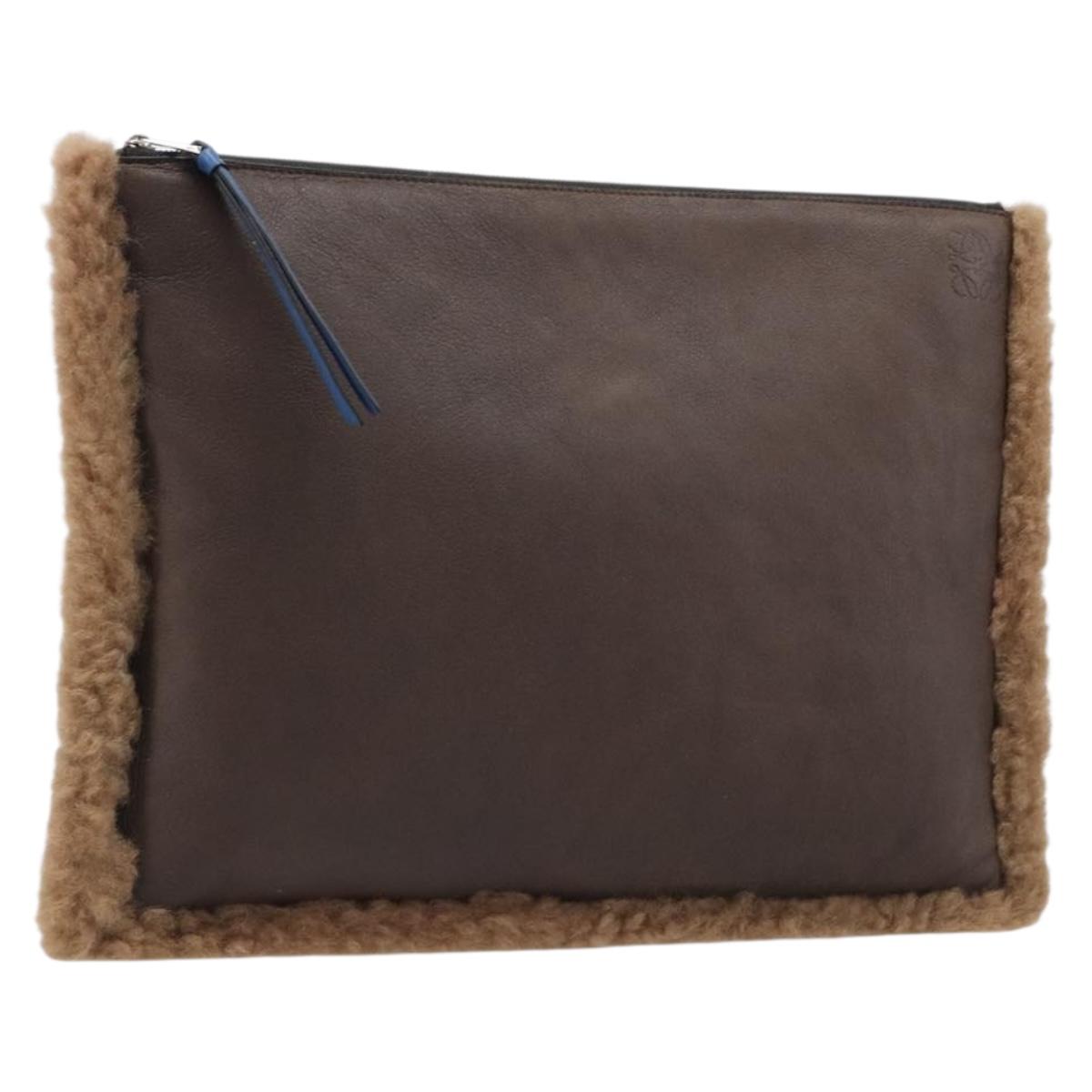 LOEWE Clutch Bag Leather Mouton Brown Silver Auth 214913A