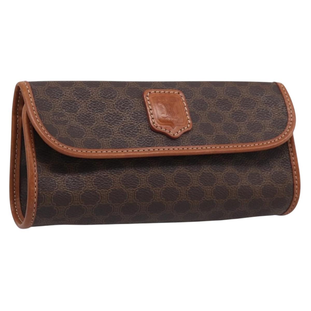 CELINE Macadam Canvas Pouch PVC Leather Brown Gold Auth 214943A