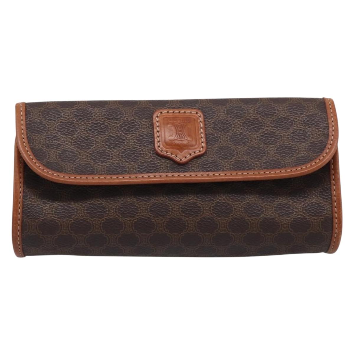 CELINE Macadam Canvas Pouch PVC Leather Brown Gold Auth 214943A