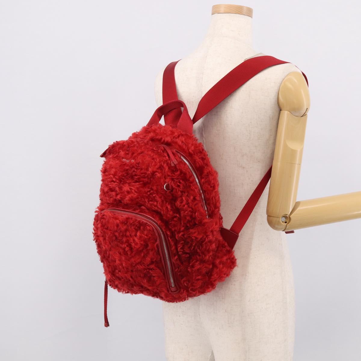 Miu Miu Backpack Acrylic Fur Red Silver Auth 214949M