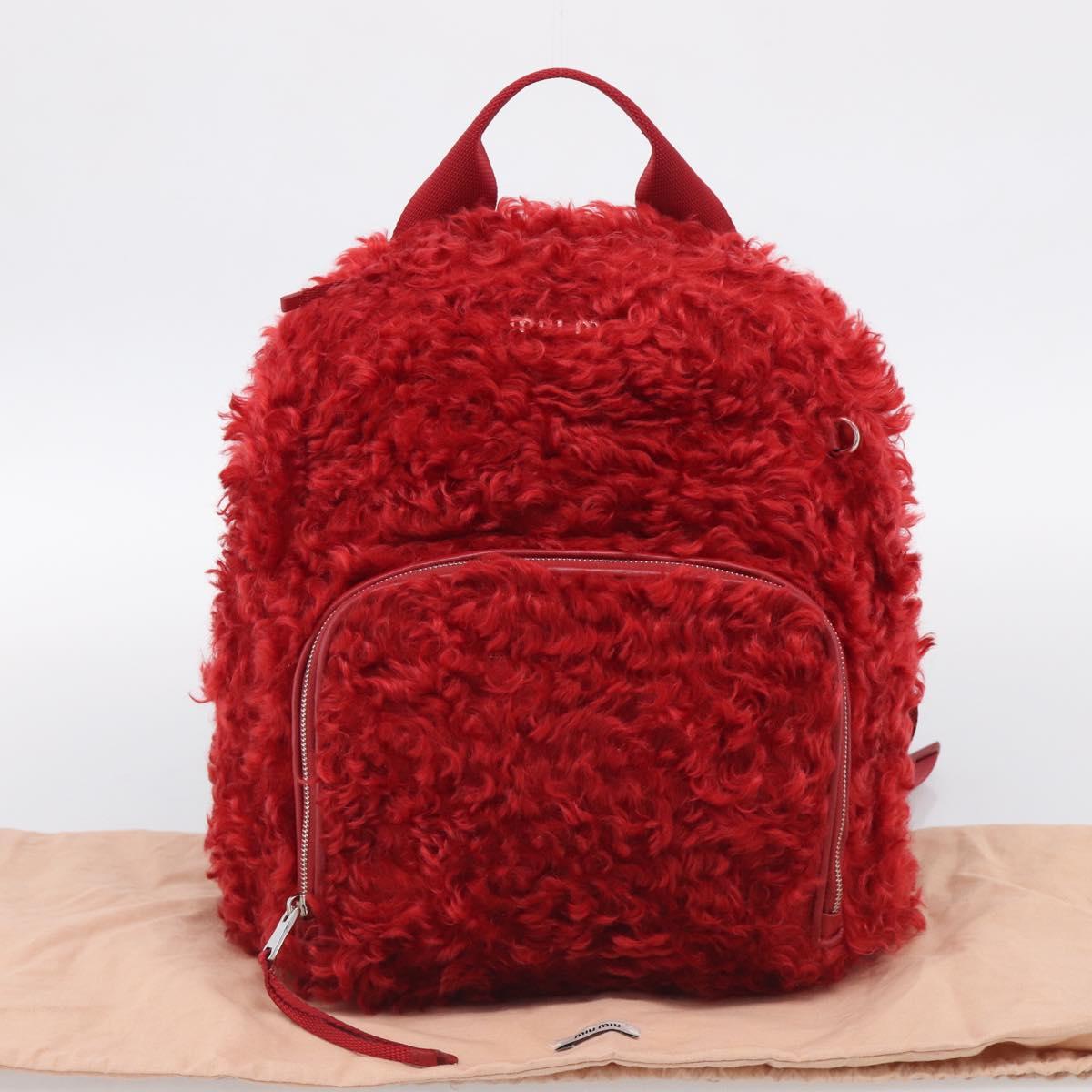 Miu Miu Backpack Acrylic Fur Red Silver Auth 214949M