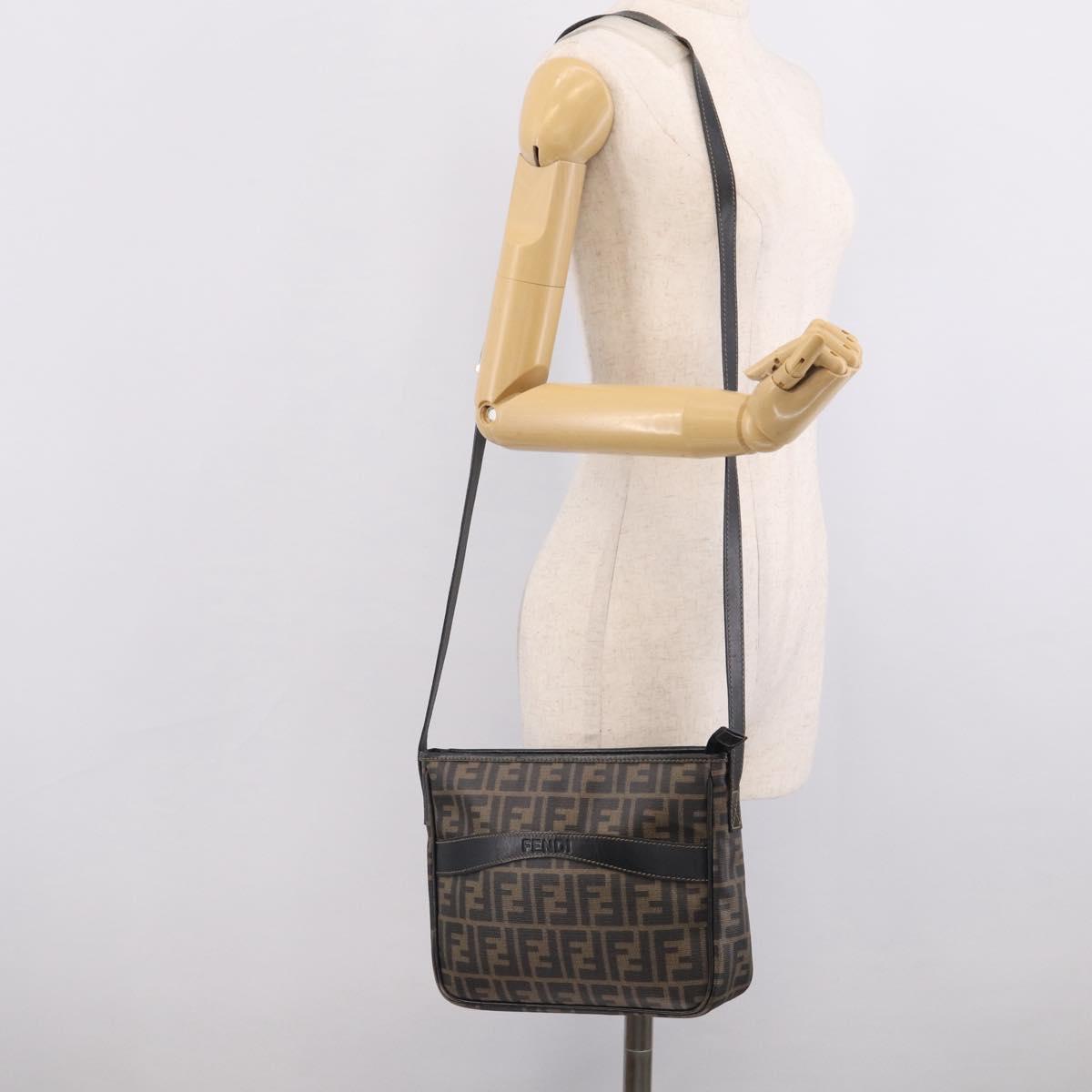 FENDI Zucca Canvas Shoulder Bag PVC Brown Black Auth 215188A