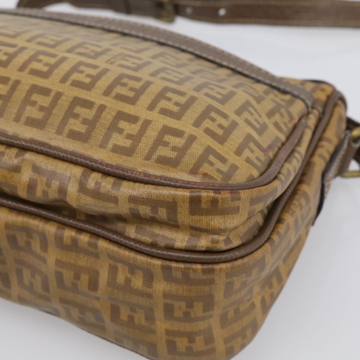 FENDI Zucchino Canvas Shoulder Bag Beige Gold Auth 215196