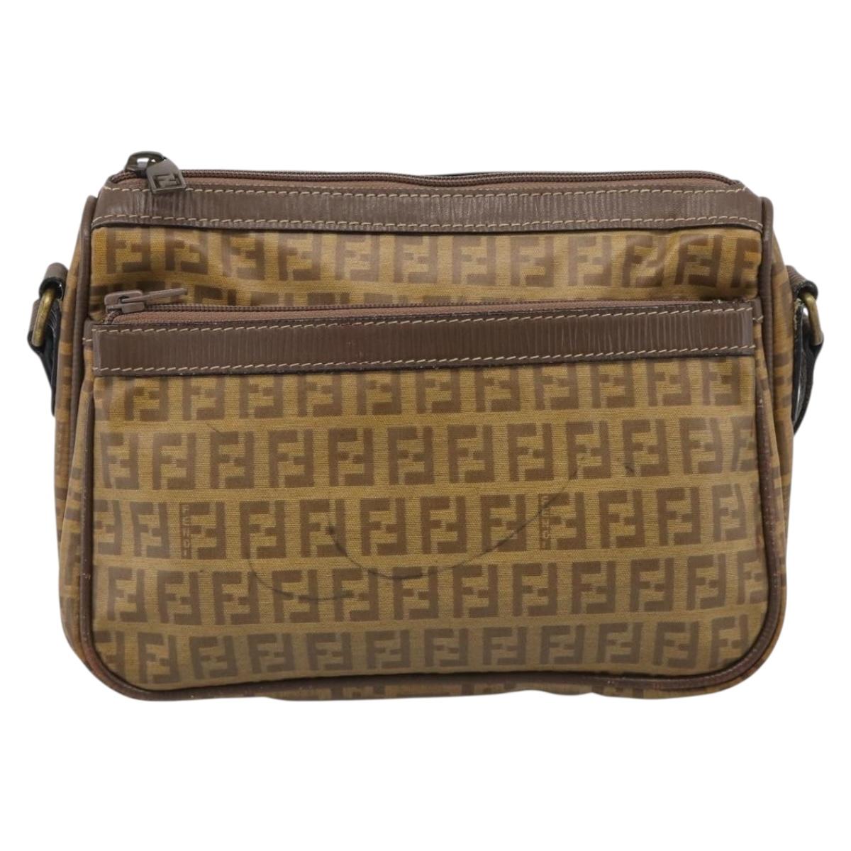 FENDI Zucchino Canvas Shoulder Bag Beige Gold Auth 215196
