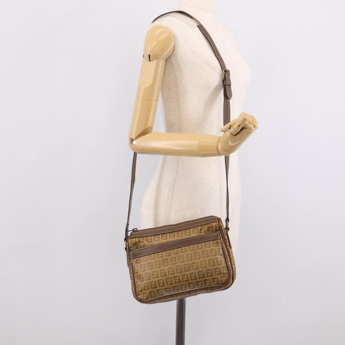 FENDI Zucchino Canvas Shoulder Bag Beige Gold Auth 215196