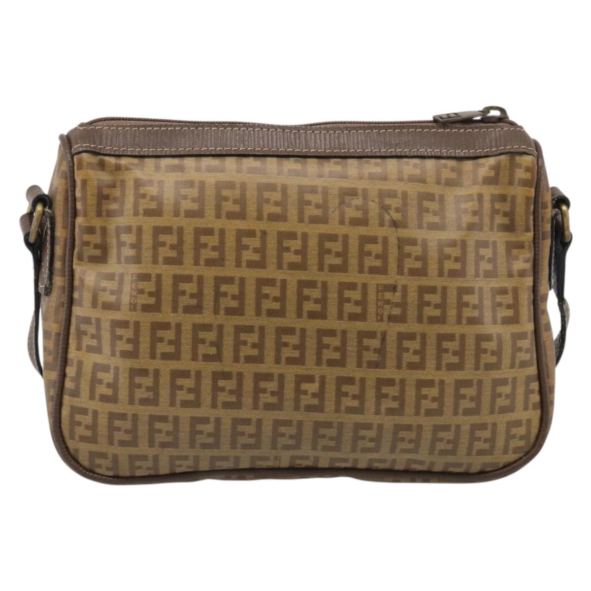 FENDI Zucchino Canvas Shoulder Bag Beige Gold Auth 215196