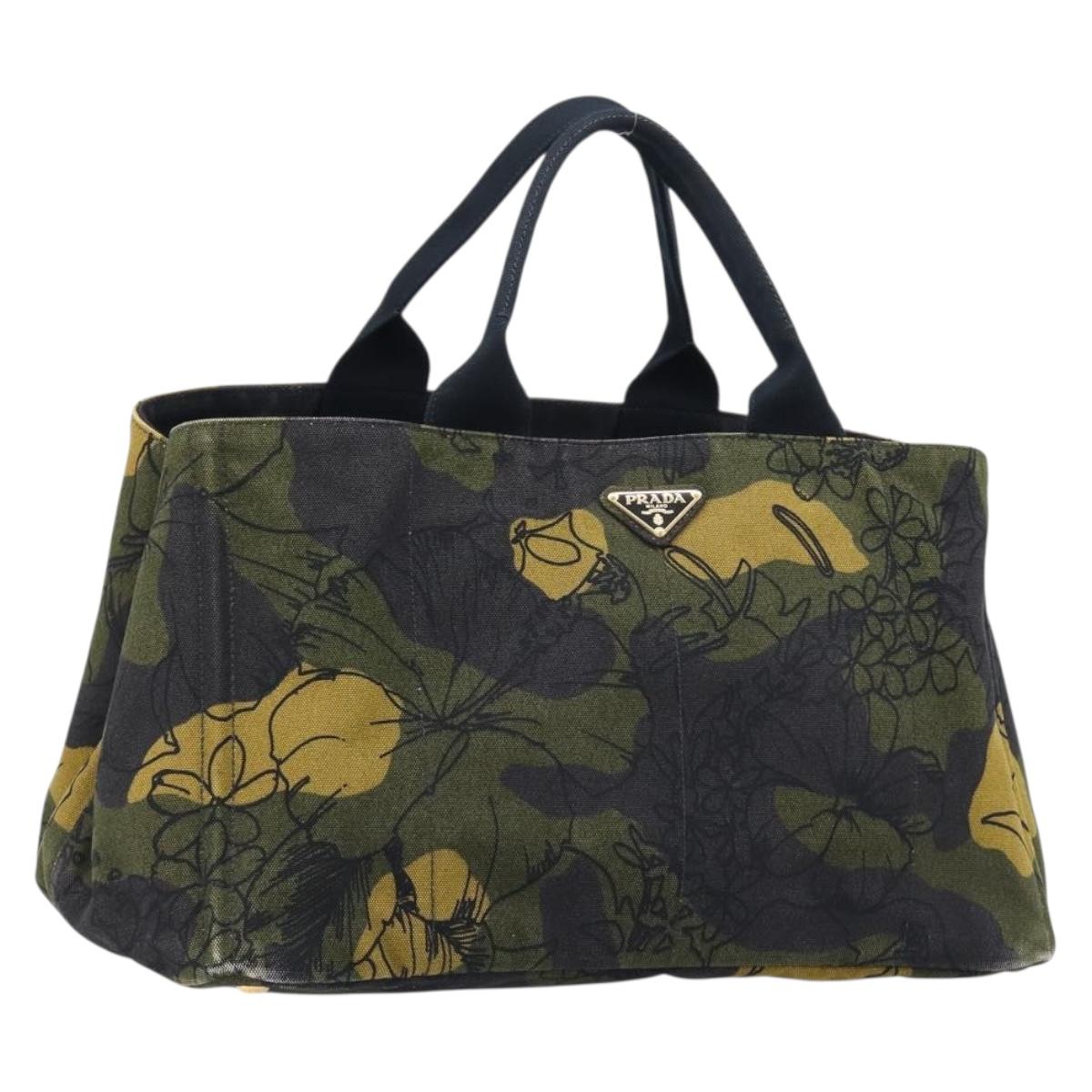 PRADA Canapa Hand Bag Canvas Green Gold Auth 215362A