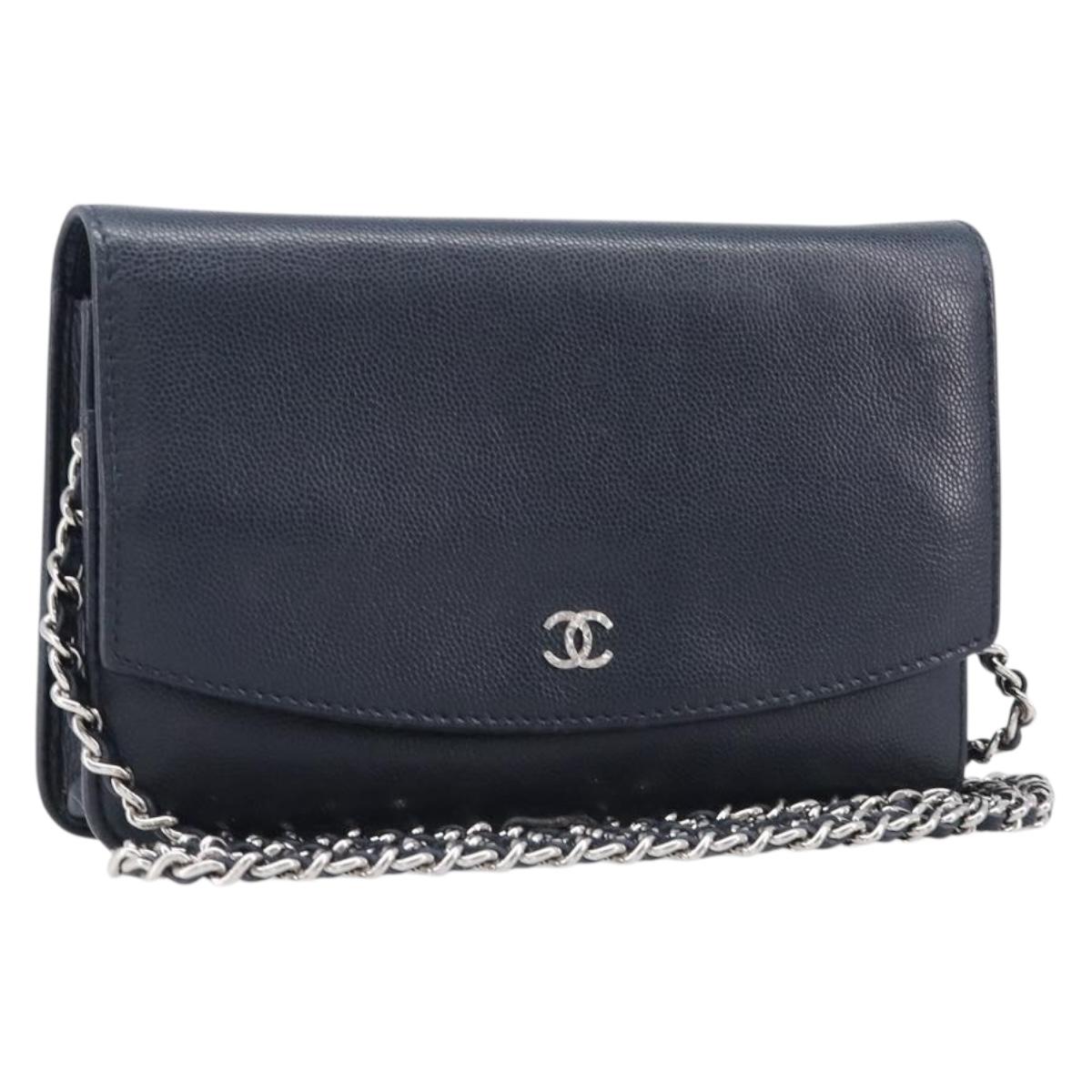 CHANEL Chain Shoulder Wallet Bag Caviar Skin Navy Silver CC Auth 215363V