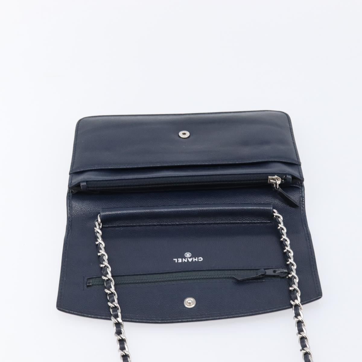 CHANEL Chain Shoulder Wallet Bag Caviar Skin Navy Silver CC Auth 215363V