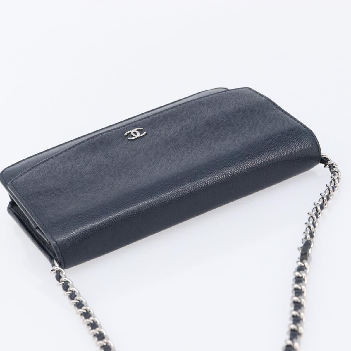 CHANEL Chain Shoulder Wallet Bag Caviar Skin Navy Silver CC Auth 215363V