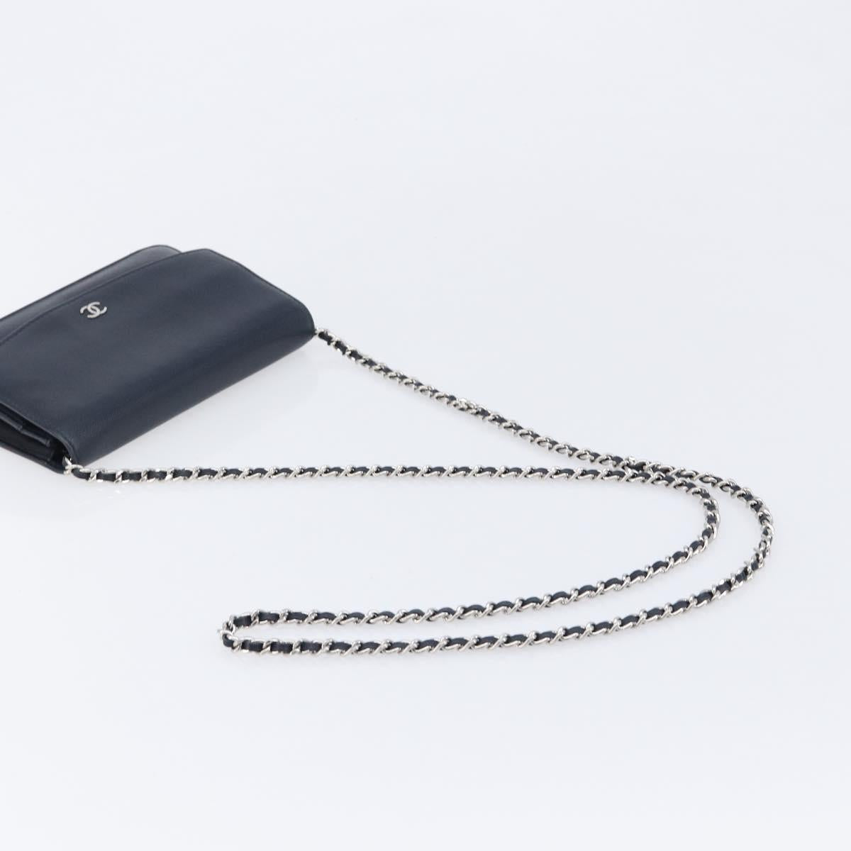 CHANEL Chain Shoulder Wallet Bag Caviar Skin Navy Silver CC Auth 215363V