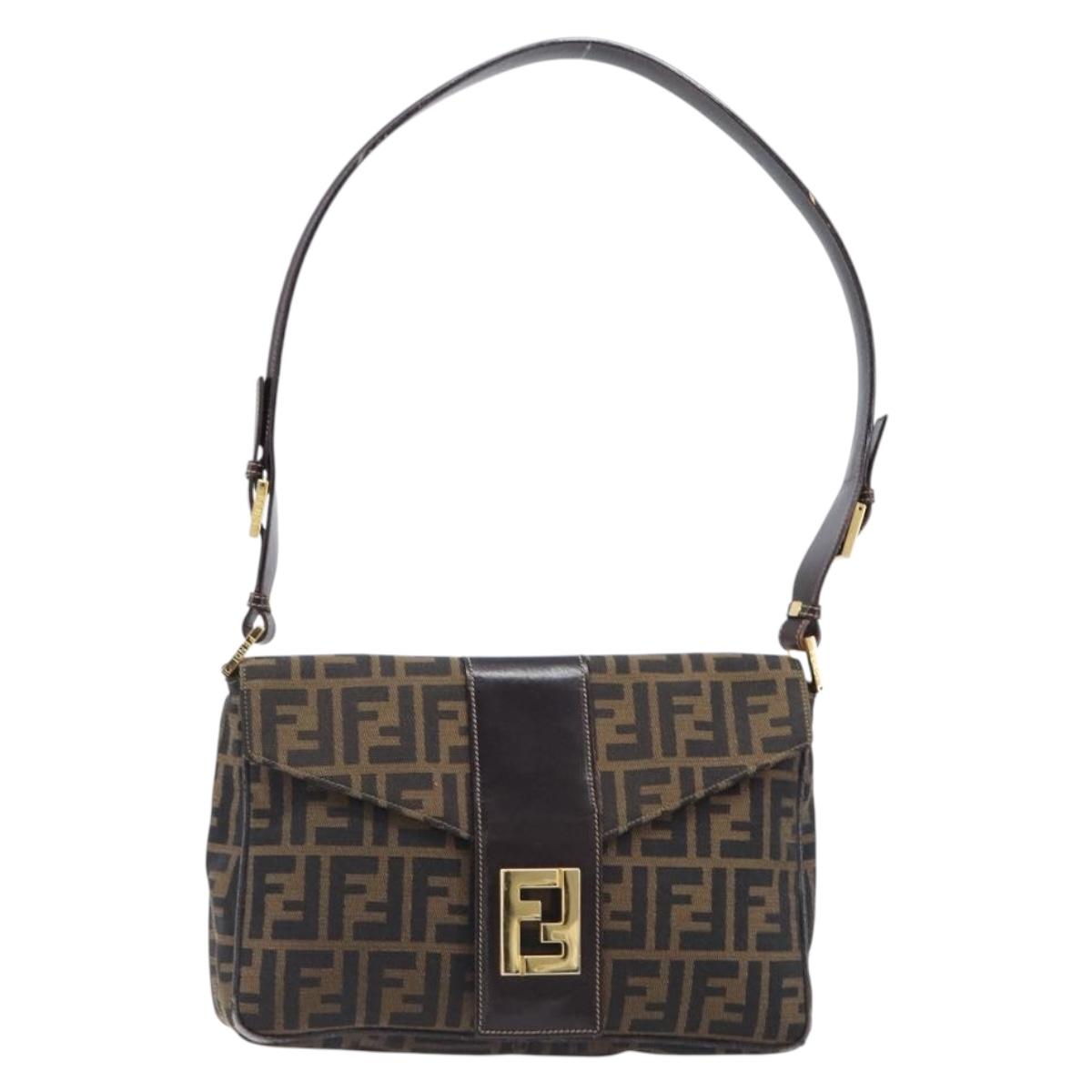 FENDI Zucca Canvas Shoulder Bag Brown Black Auth 215364