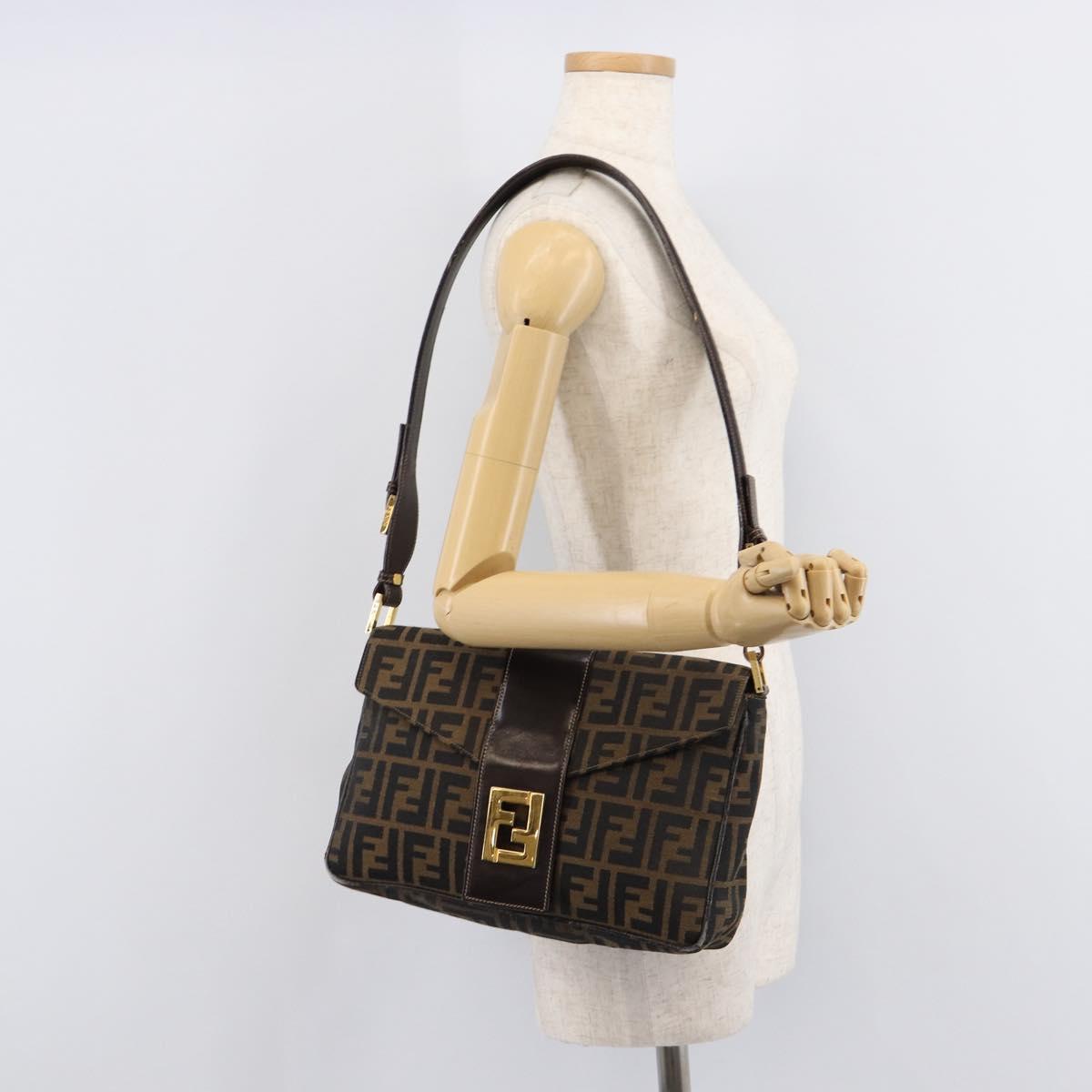 FENDI Zucca Canvas Shoulder Bag Brown Black Auth 215364