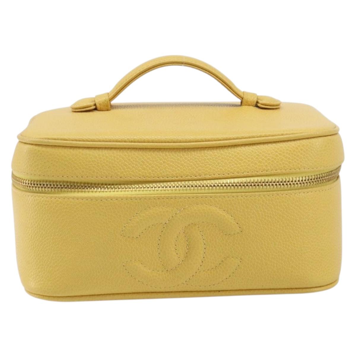 CHANEL Vanity Hand Bag Caviar Skin Yellow Gold CC Auth 215366