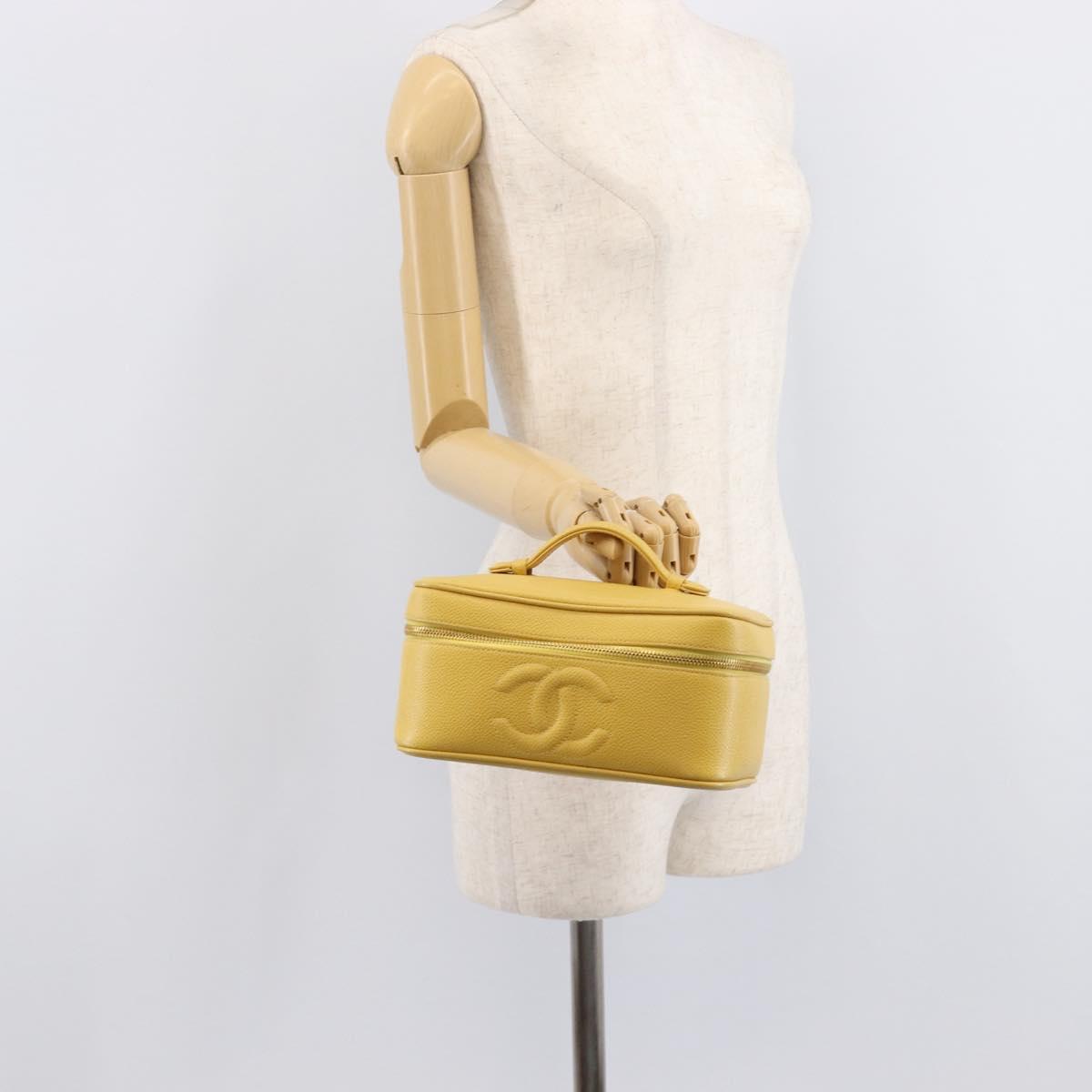 CHANEL Vanity Hand Bag Caviar Skin Yellow Gold CC Auth 215366