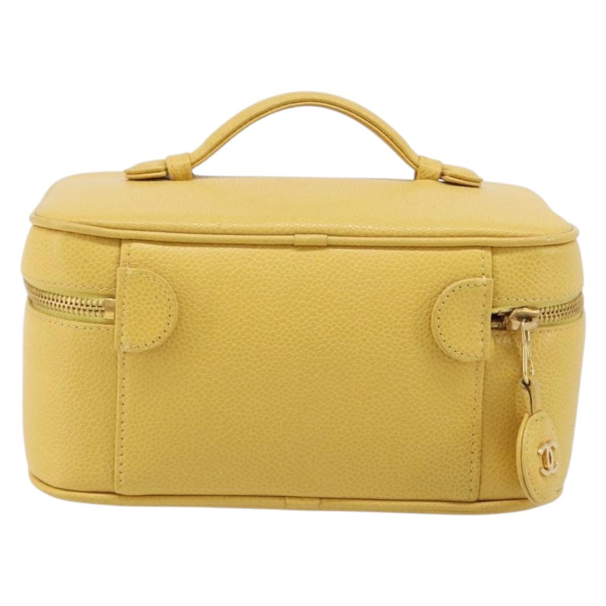 CHANEL Vanity Hand Bag Caviar Skin Yellow Gold CC Auth 215366